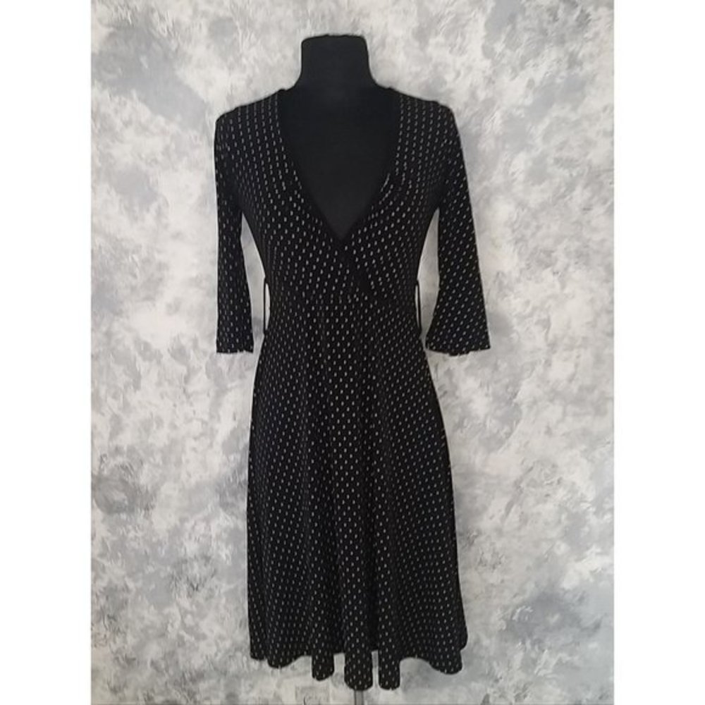 April Medium black A-line dress with off white polka dots overlapping chest Sz S